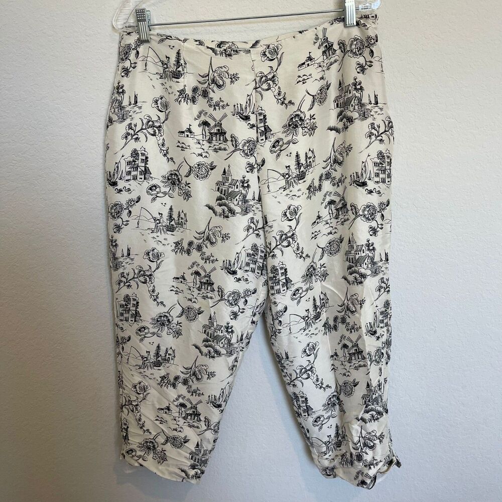 Allison Taylor Women's Pants‎ 14 Floral Houses 100% Silk High Rise
